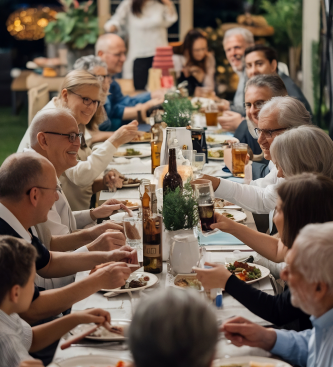 Colleagues sharing dinner at a long table